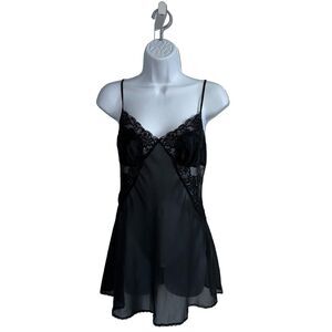 Vtg Victoria’s Secret Black Silk Lace Nightie Chemise Medium Beaded Sequin Mesh